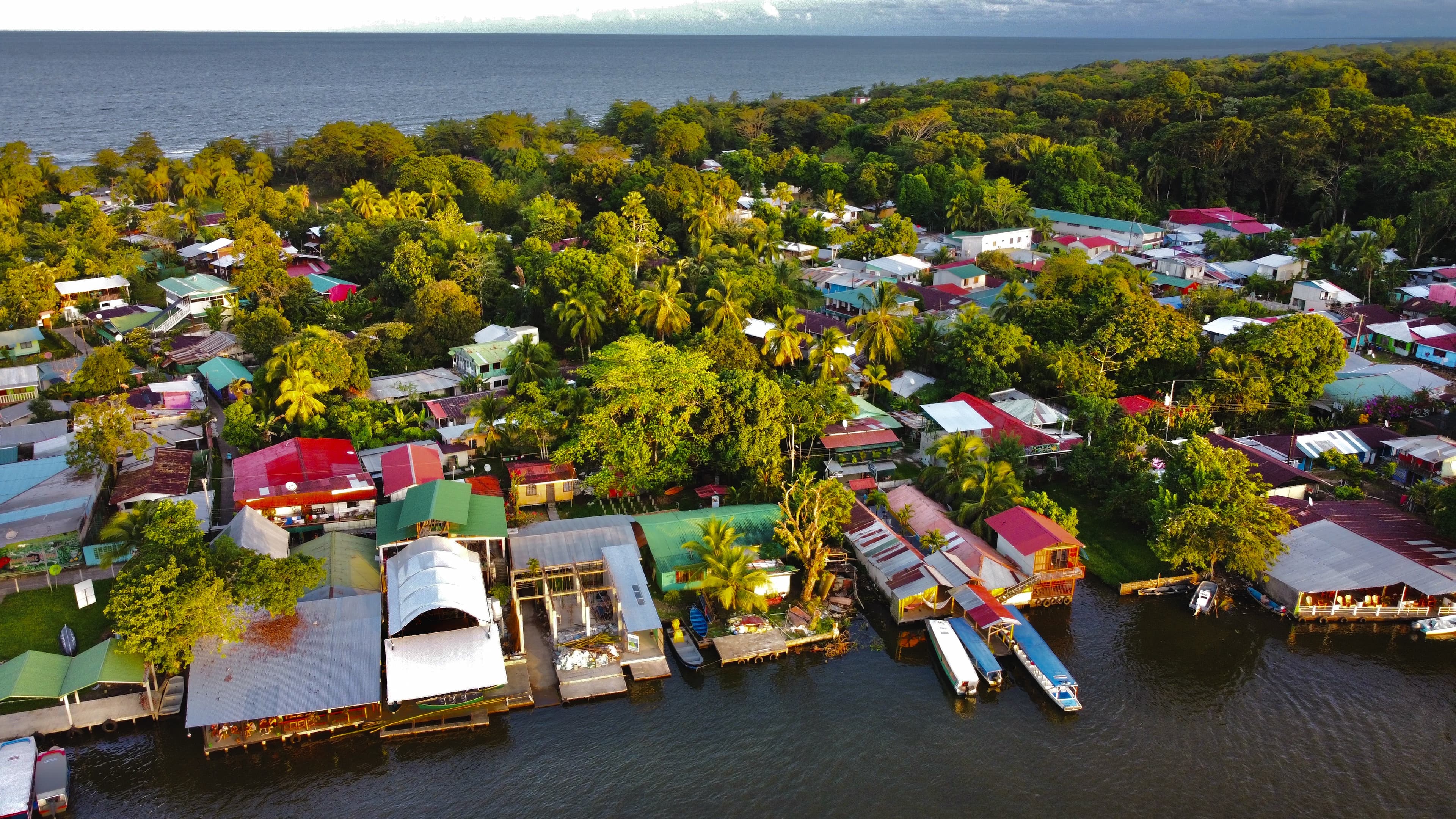 Aerial view of Tortuguero village, canal and Caribbean sea